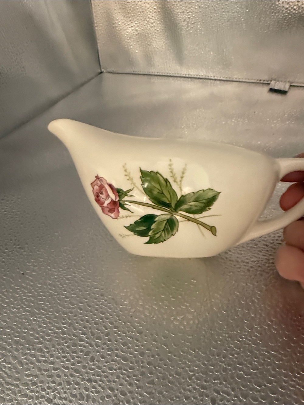 Vintage Edward Knowles “Tea Rose” gravy boat with a single rose